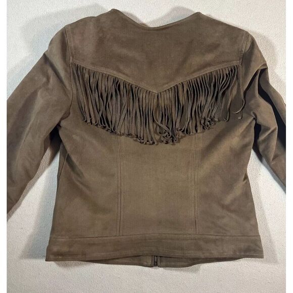 Express‎ Faux Leather Jacket Coat Suede Women S Brown Fringe Western Y2K Boho - Picture 3 of 11